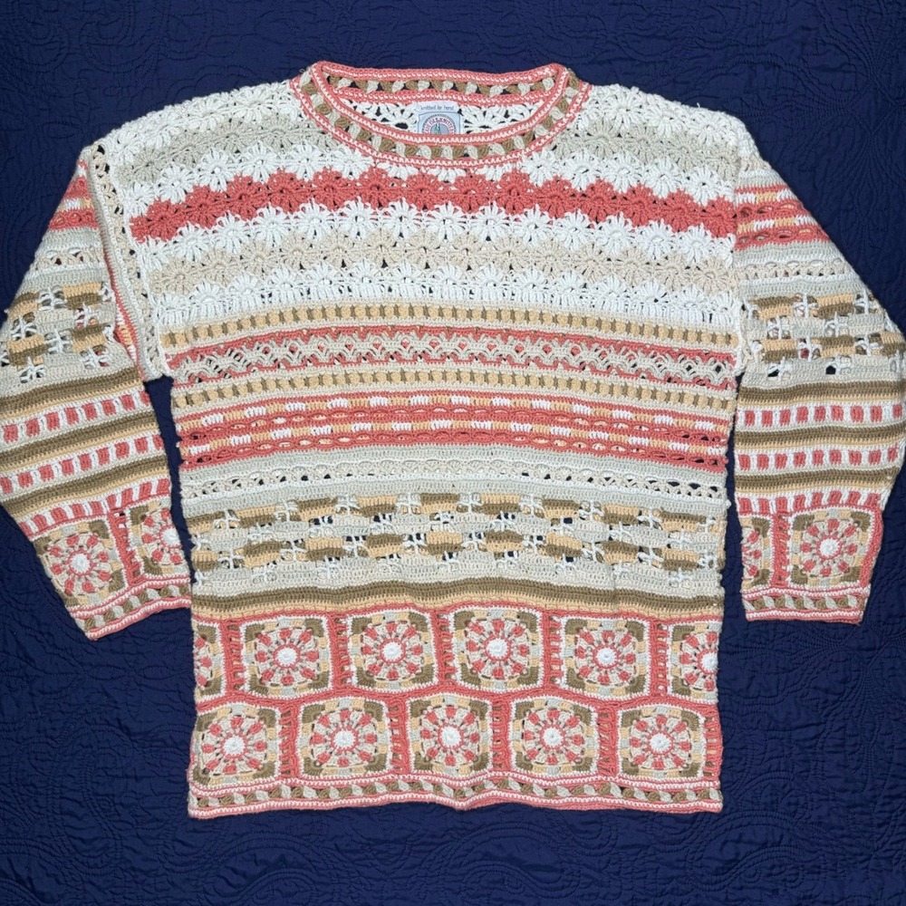 Cape Isle Knitters Hand Knit Crochet Granny Square Sweater Coral Cream Medium